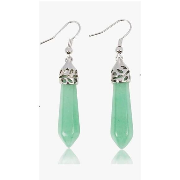 New~Green Adventurine Gemstone Chakra Healing French Wire Dangle Earrings - Picture 2 of 2